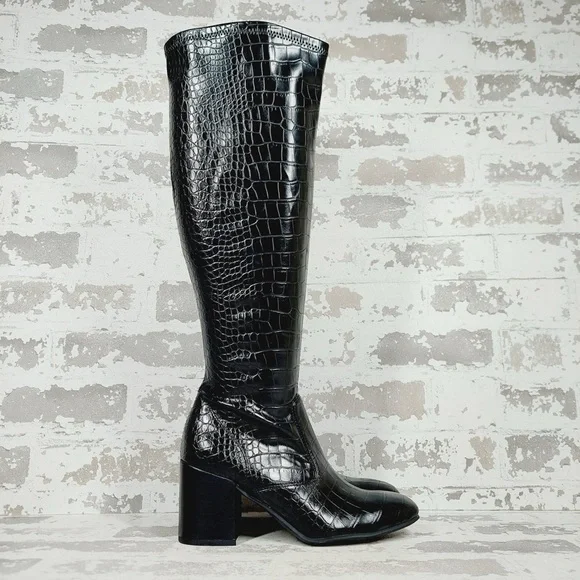 NEW Franco Sarto Talfer Knee High Faux Leather Black Croc Boots T541 - Picture 4 of 12